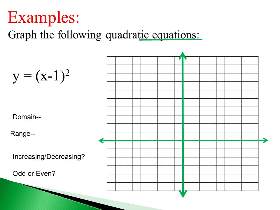 Examples: Graph the following quadratic equations: y = (x-1) 2 Domain-- Range-- Increasing/Decreasing.