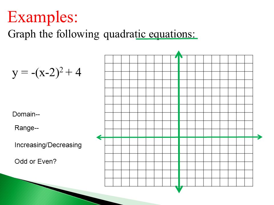 Examples: Graph the following quadratic equations: y = -(x-2) Domain-- Range-- Increasing/Decreasing Odd or Even