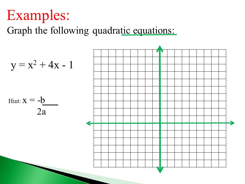 Examples: Graph the following quadratic equations: y = x 2 + 4x - 1 Hint: x = -b 2a