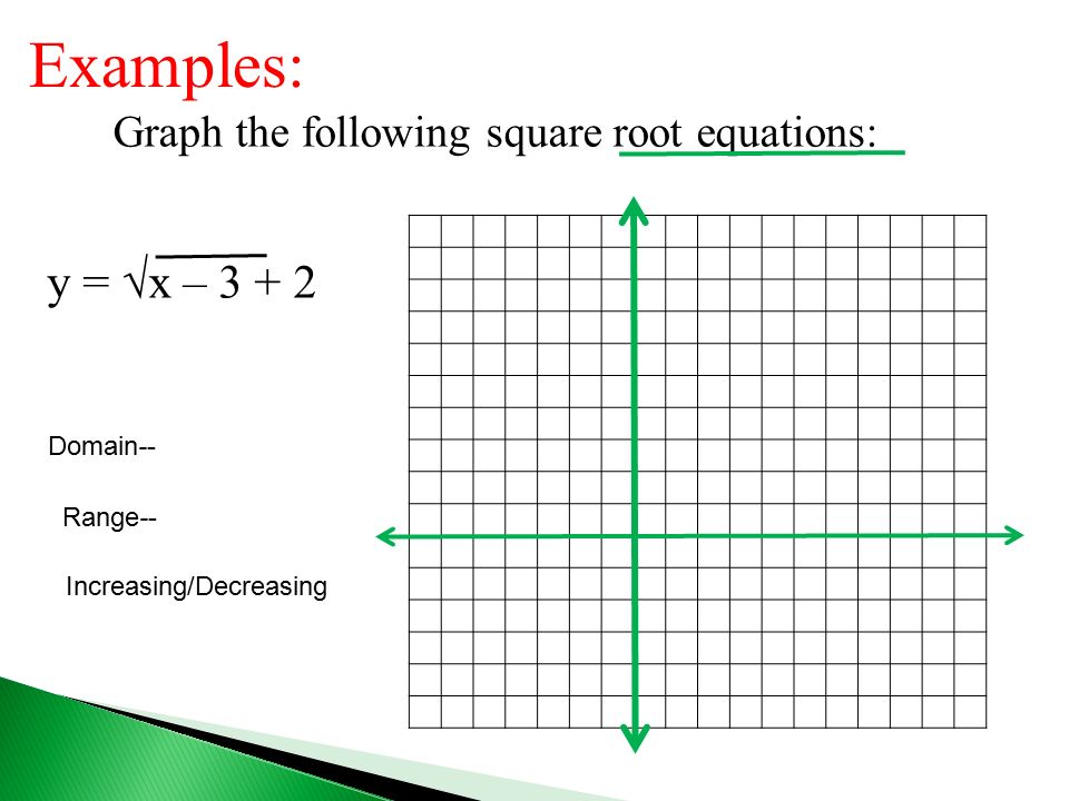 Examples: y = √x – Graph the following square root equations: Domain-- Range-- Increasing/Decreasing