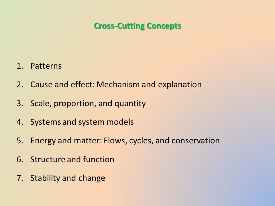 Cross-Cutting Concepts 1.Patterns 2.Cause and effect: Mechanism and explanation 3.Scale, proportion, and quantity 4.Systems and system models 5.Energy and matter: Flows, cycles, and conservation 6.Structure and function 7.Stability and change