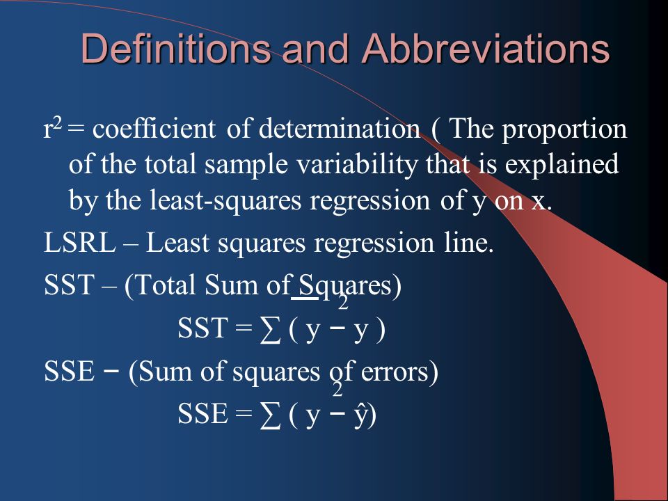 Definitions and Abbreviations r 2 = coefficient of determination ( The proportion of the total sample variability that is explained by the least-squares regression of y on x.