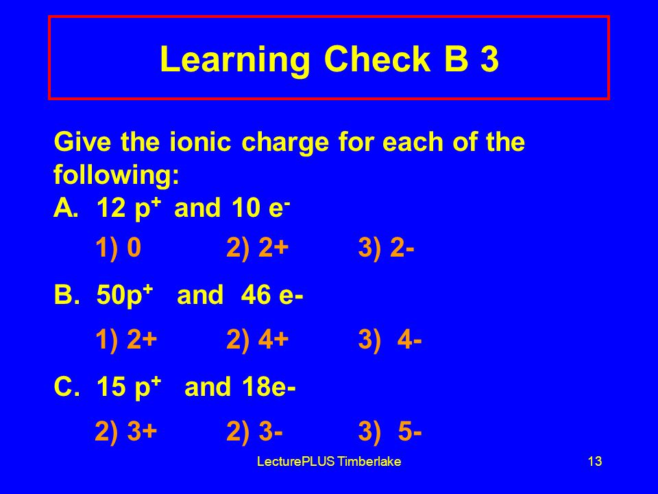 LecturePLUS Timberlake13 Learning Check B 3 Give the ionic charge for each of the following: A.