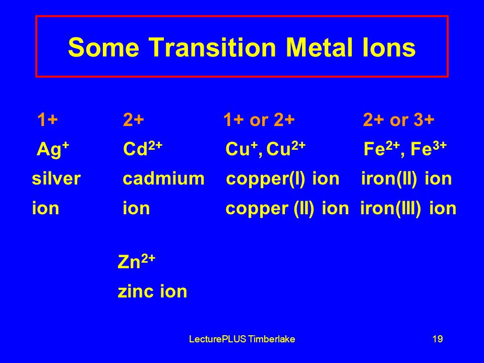 LecturePLUS Timberlake19 Some Transition Metal Ions or or 3+ Ag + Cd 2+ Cu +, Cu 2+ Fe 2+, Fe 3+ silver cadmium copper(I) ion iron(II) ion ion ion copper (II) ion iron(III) ion Zn 2+ zinc ion