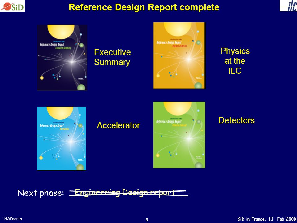 SiD in France, 11 Feb 2008 H.Weerts 9 Reference Design Report complete Executive Summary Physics at the ILC Accelerator Detectors Next phase: Engineering Design report