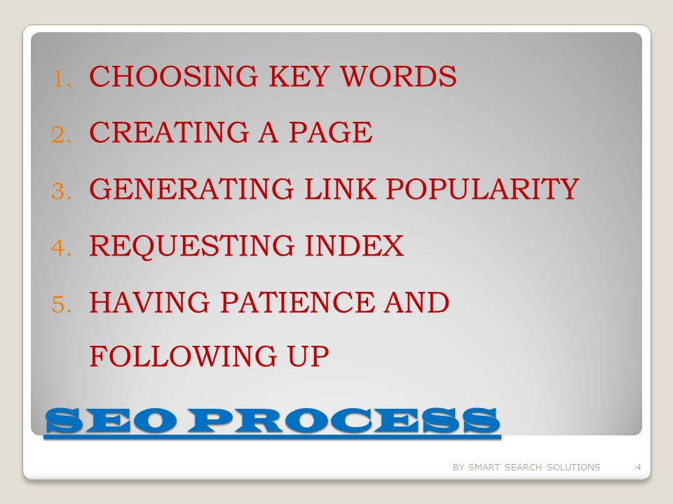 SEO PROCESS 1. CHOOSING KEY WORDS 2. CREATING A PAGE 3.
