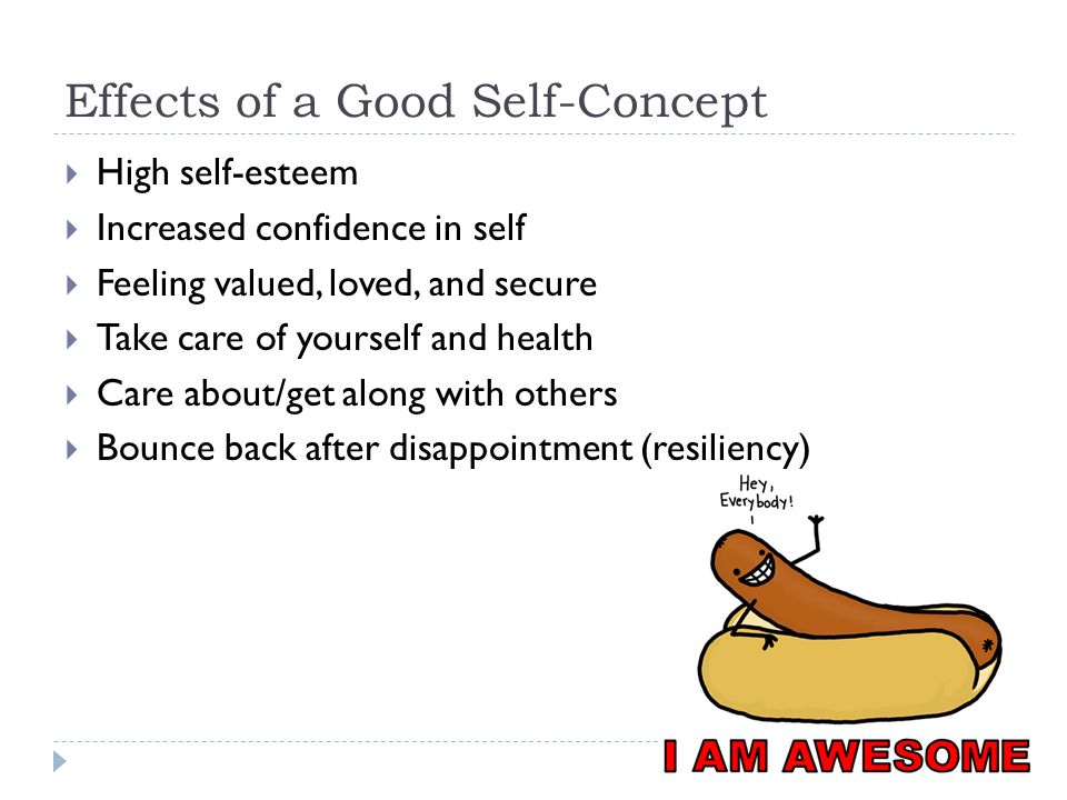 Effects of a Good Self-Concept  High self-esteem  Increased confidence in self  Feeling valued, loved, and secure  Take care of yourself and health  Care about/get along with others  Bounce back after disappointment (resiliency)