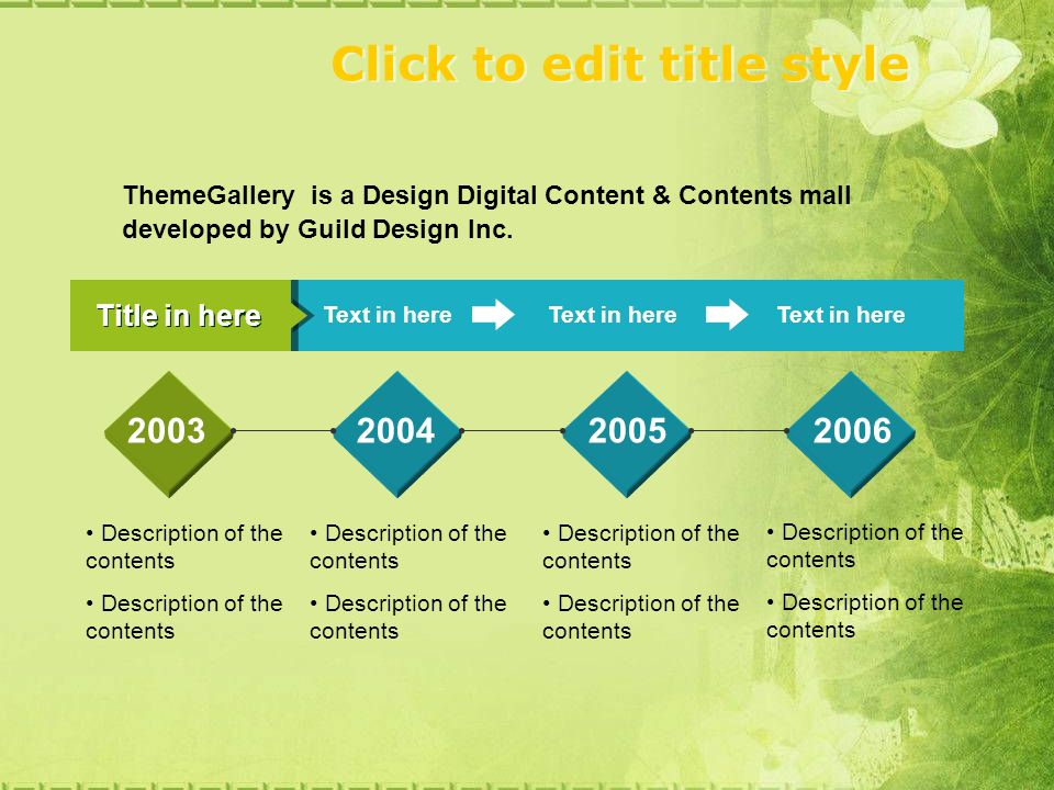 Click to edit title style Text in here Title in here Text in here Description of the contents ThemeGallery is a Design Digital Content & Contents mall developed by Guild Design Inc.
