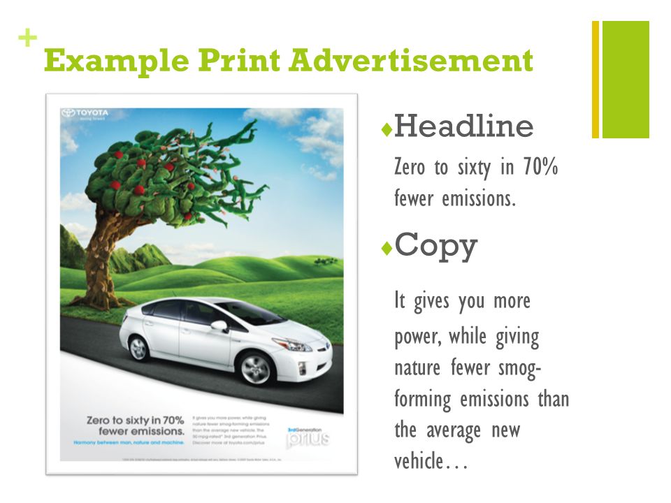 + Example Print Advertisement  Headline Zero to sixty in 70% fewer emissions.