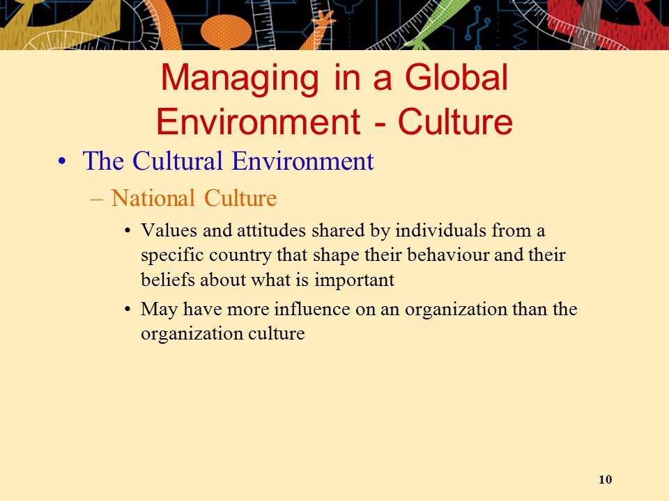 10 Managing in a Global Environment - Culture The Cultural Environment –National Culture Values and attitudes shared by individuals from a specific country that shape their behaviour and their beliefs about what is important May have more influence on an organization than the organization culture