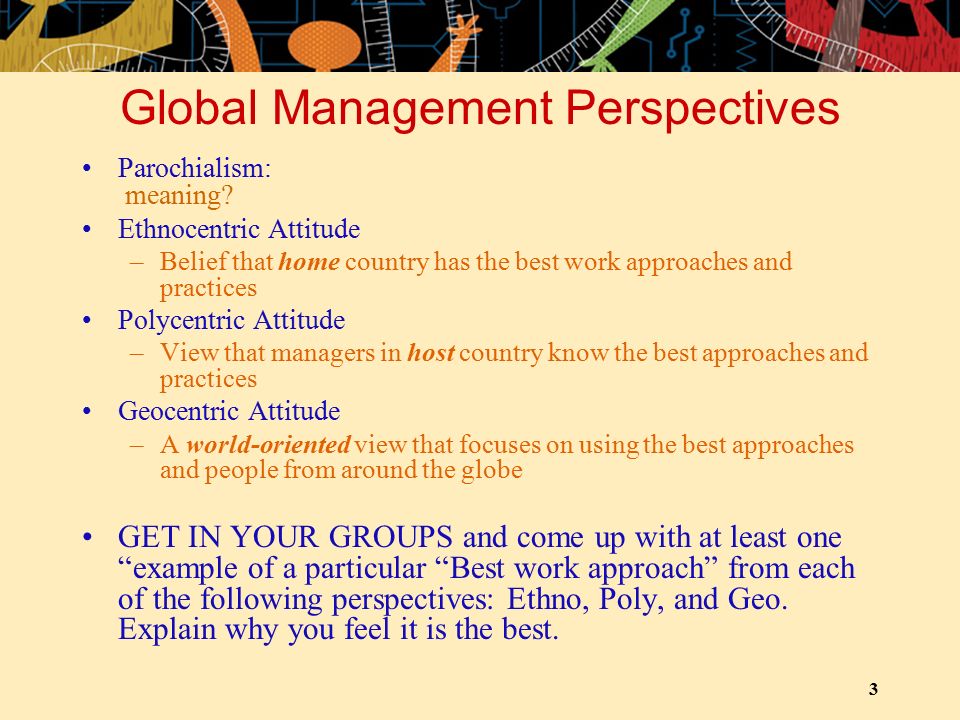3 Global Management Perspectives Parochialism: meaning.