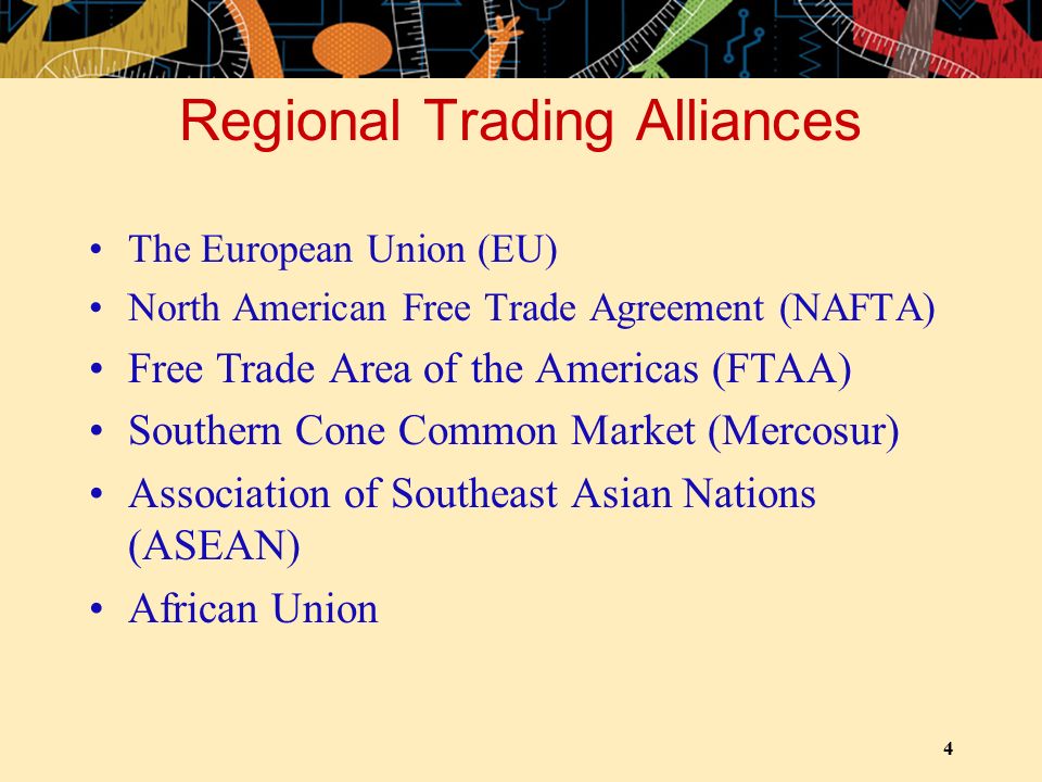 4 Regional Trading Alliances The European Union (EU) North American Free Trade Agreement (NAFTA) Free Trade Area of the Americas (FTAA) Southern Cone Common Market (Mercosur) Association of Southeast Asian Nations (ASEAN) African Union