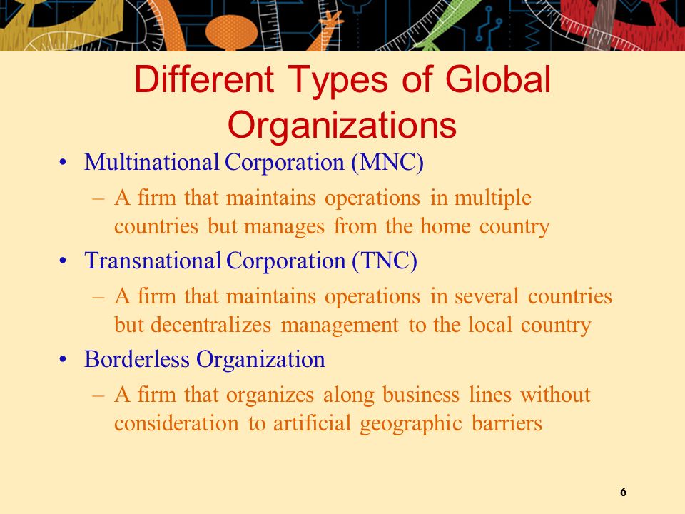 6 Different Types of Global Organizations Multinational Corporation (MNC) –A firm that maintains operations in multiple countries but manages from the home country Transnational Corporation (TNC) –A firm that maintains operations in several countries but decentralizes management to the local country Borderless Organization –A firm that organizes along business lines without consideration to artificial geographic barriers