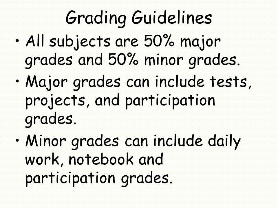 Grading Guidelines All subjects are 50% major grades and 50% minor grades.