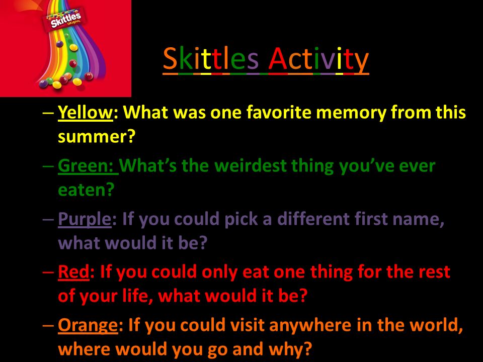 Skittles ActivitySkittles Activity – Yellow: What was one favorite memory from this summer.