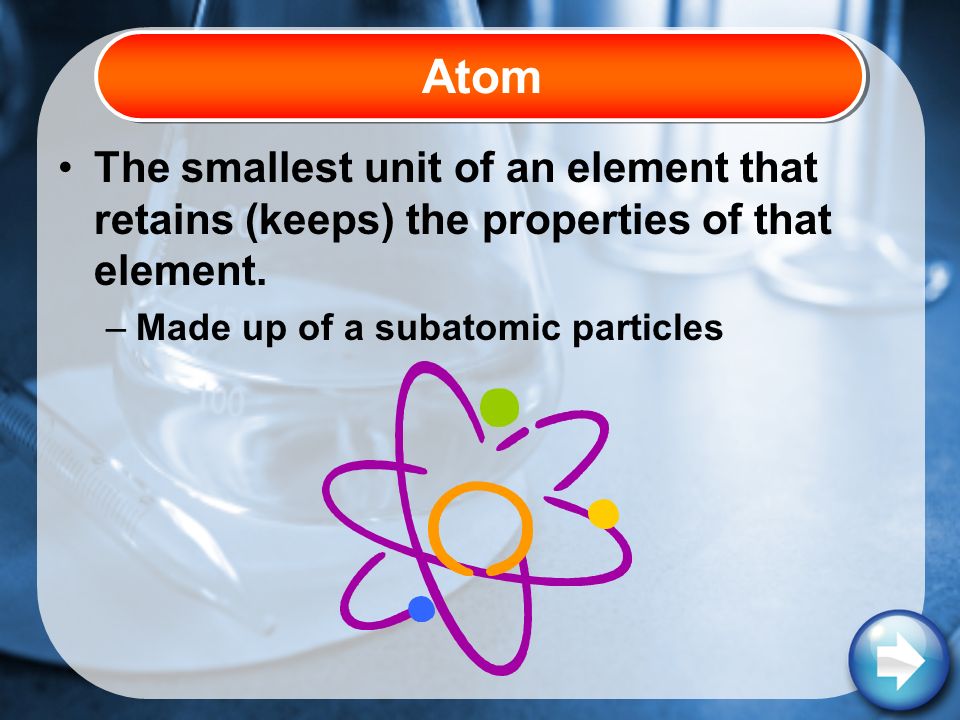 The smallest unit of an element that retains (keeps) the properties of that element.