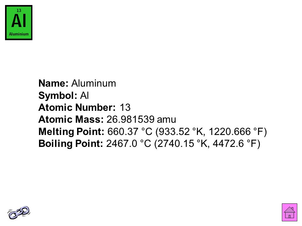 Name: Aluminum Symbol: Al Atomic Number: 13 Atomic Mass: amu Melting Point: °C ( °K, °F) Boiling Point: °C ( °K, °F)