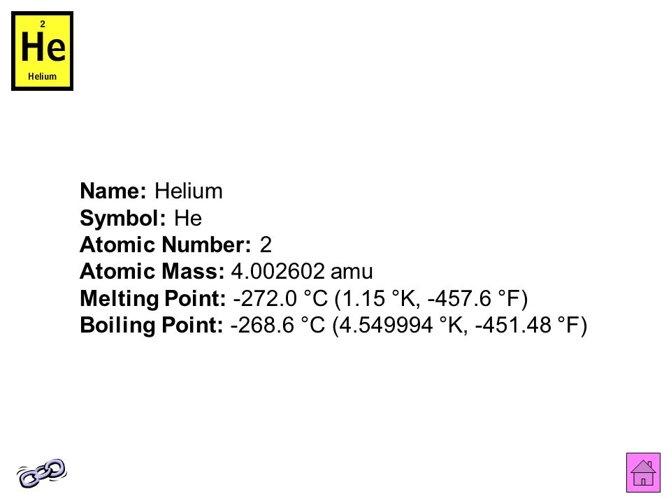 Name: Helium Symbol: He Atomic Number: 2 Atomic Mass: amu Melting Point: °C (1.15 °K, °F) Boiling Point: °C ( °K, °F)