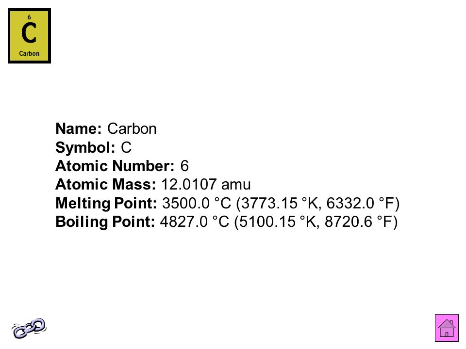 Name: Carbon Symbol: C Atomic Number: 6 Atomic Mass: amu Melting Point: °C ( °K, °F) Boiling Point: °C ( °K, °F)