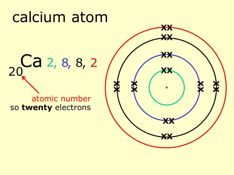 potassium atom 19 atomic number so nineteen electrons 2, 8 K XX XX XX XX XX XX XX XX XX, 1, 1 X