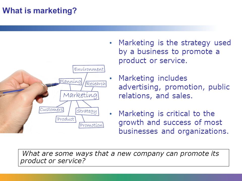What is marketing. Marketing is the strategy used by a business to promote a product or service.