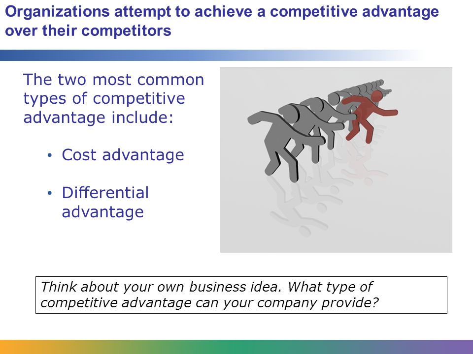 Organizations attempt to achieve a competitive advantage over their competitors The two most common types of competitive advantage include: Cost advantage Differential advantage Think about your own business idea.