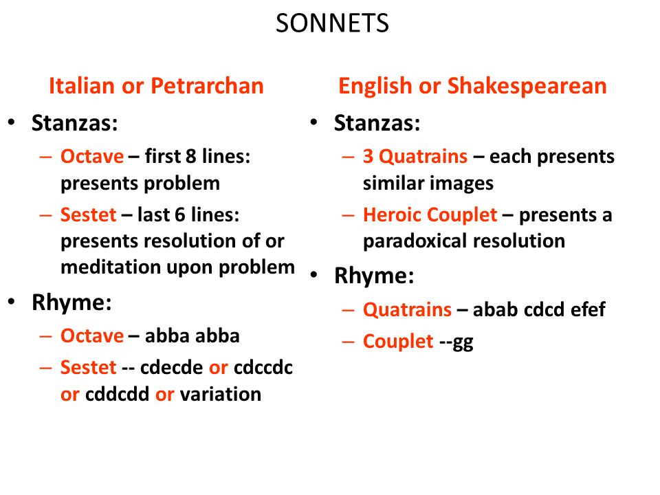SONNETS Italian or Petrarchan Stanzas: – Octave – first 8 lines: presents problem – Sestet – last 6 lines: presents resolution of or meditation upon problem Rhyme: – Octave – abba abba – Sestet -- cdecde or cdccdc or cddcdd or variation English or Shakespearean Stanzas: – 3 Quatrains – each presents similar images – Heroic Couplet – presents a paradoxical resolution Rhyme: – Quatrains – abab cdcd efef – Couplet --gg