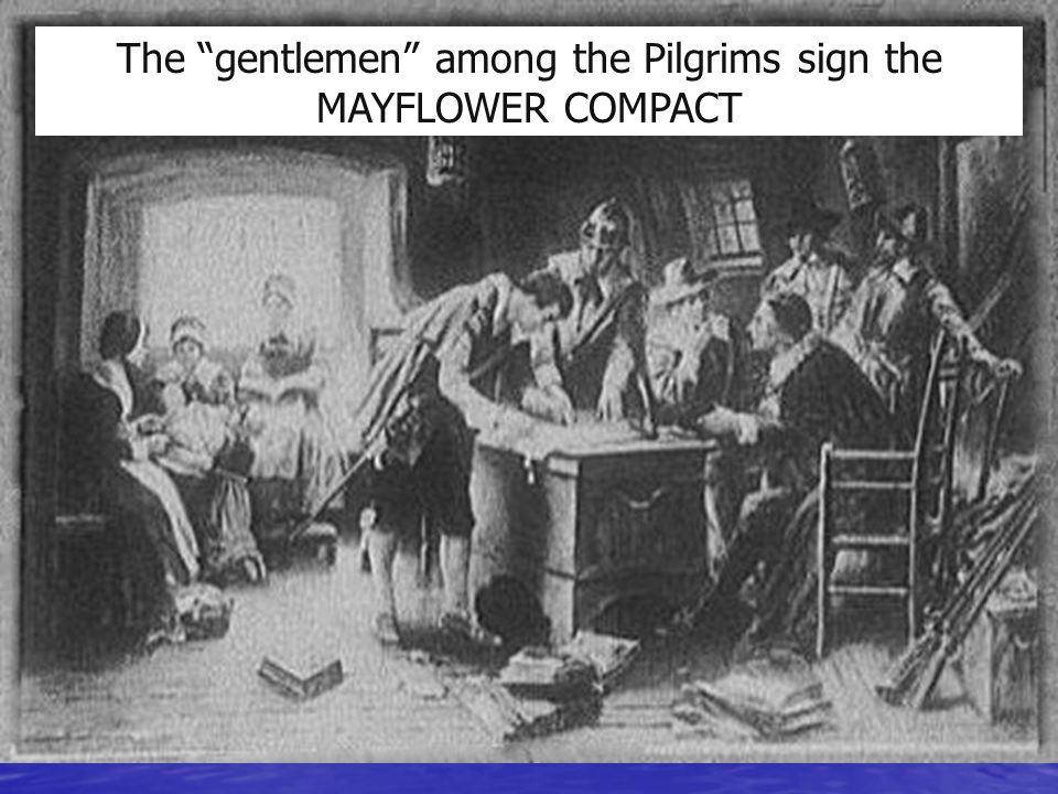 Signing of the Mayflower Compact, a painting by Edward Percy Moran, which hangs at the Plymouth Museum.