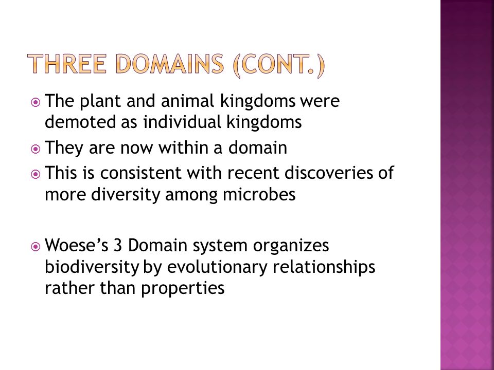  The plant and animal kingdoms were demoted as individual kingdoms  They are now within a domain  This is consistent with recent discoveries of more diversity among microbes  Woese’s 3 Domain system organizes biodiversity by evolutionary relationships rather than properties