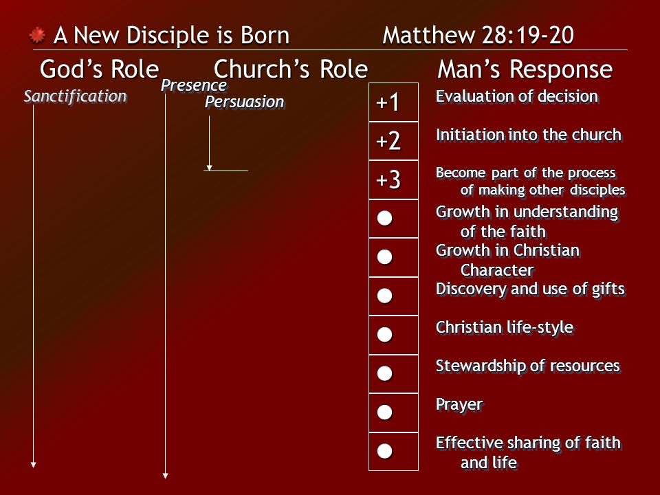 A New Disciple is Born Matthew 28:19-20 Evaluation of decision Initiation into the church Become part of the process of making other disciples Growth in understanding of the faith Growth in Christian Character Discovery and use of gifts Christian life-style Stewardship of resources PrayerPrayer Effective sharing of faith and life PresencePresence PersuasionPersuasion God’s Role Church’s Role Man’s Response