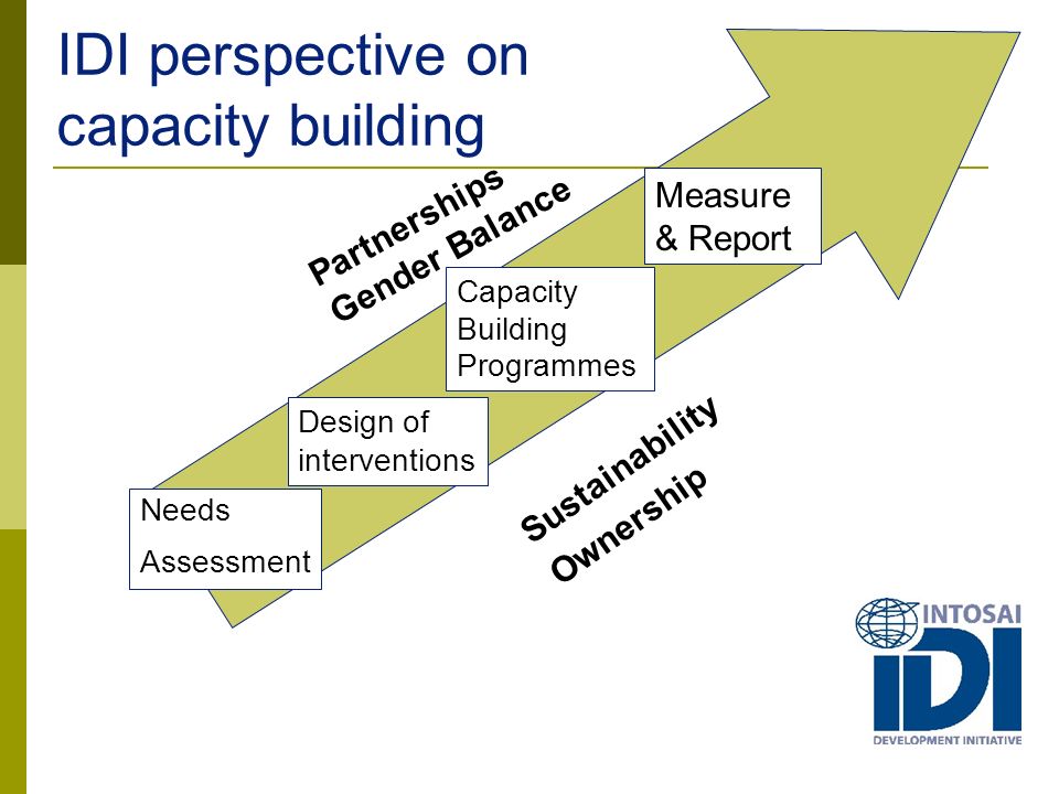 IDI perspective on capacity building Design of interventions Sustainability Ownership Capacity Building Programmes Measure & Report Partnerships Gender Balance Needs Assessment