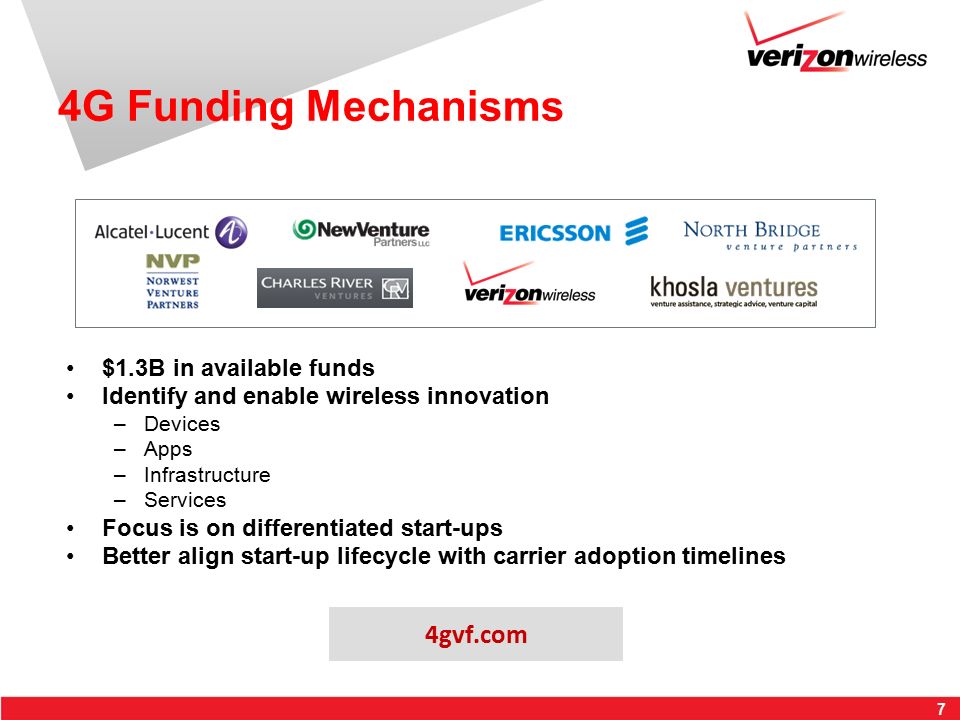7 $1.3B in available funds Identify and enable wireless innovation –Devices –Apps –Infrastructure –Services Focus is on differentiated start-ups Better align start-up lifecycle with carrier adoption timelines 4G Funding Mechanisms 4gvf.com