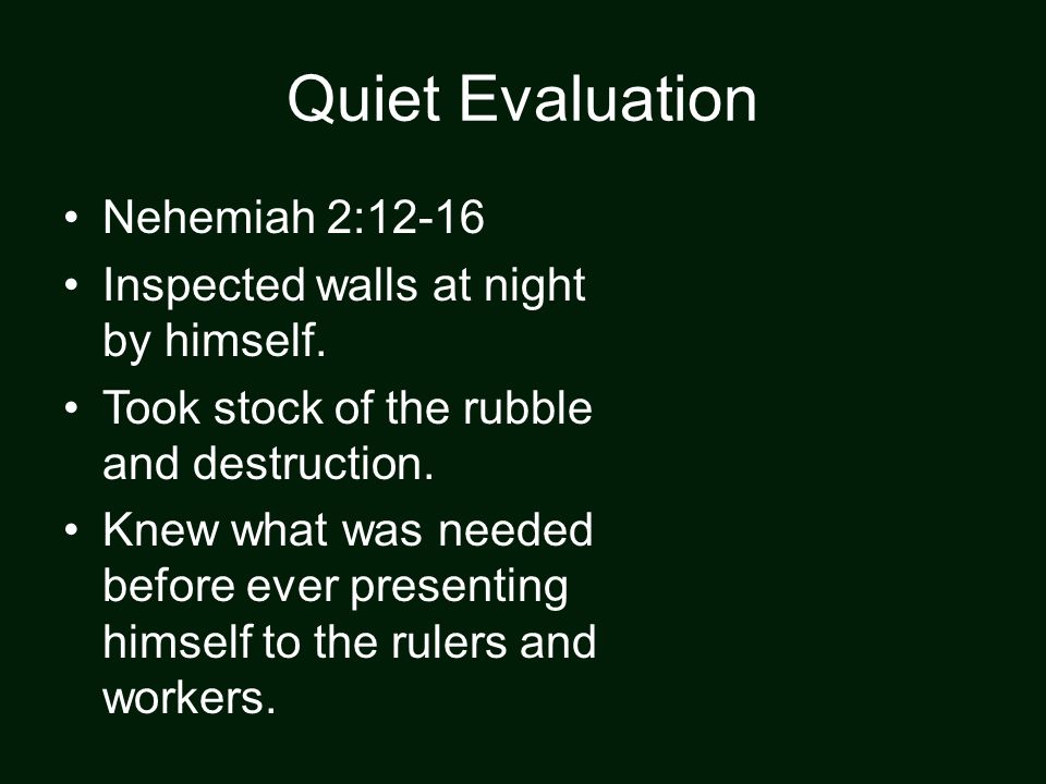 Quiet Evaluation Nehemiah 2:12-16 Inspected walls at night by himself.