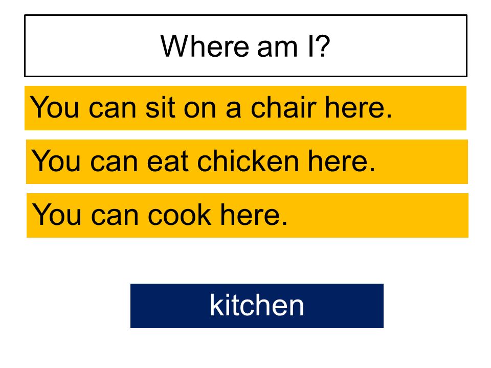 Where am I You can sit on a chair here. You can eat chicken here. You can cook here. kitchen