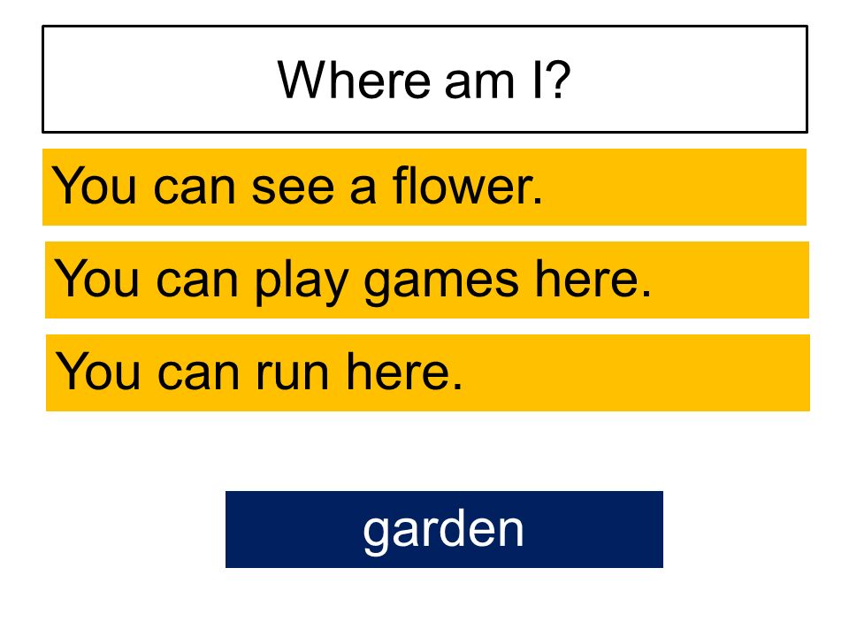 Where am I You can see a flower. You can play games here. You can run here. garden
