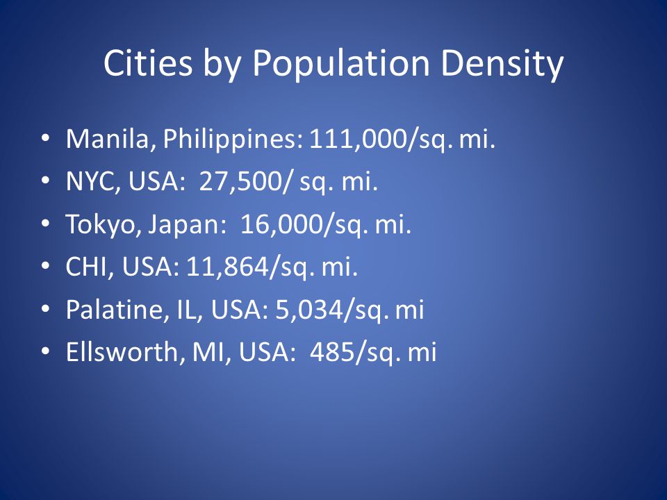 Cities by Population Density Manila, Philippines: 111,000/sq.