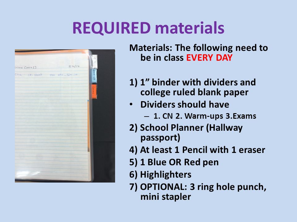 REQUIRED materials Materials: The following need to be in class EVERY DAY 1) 1 binder with dividers and college ruled blank paper Dividers should have – 1.