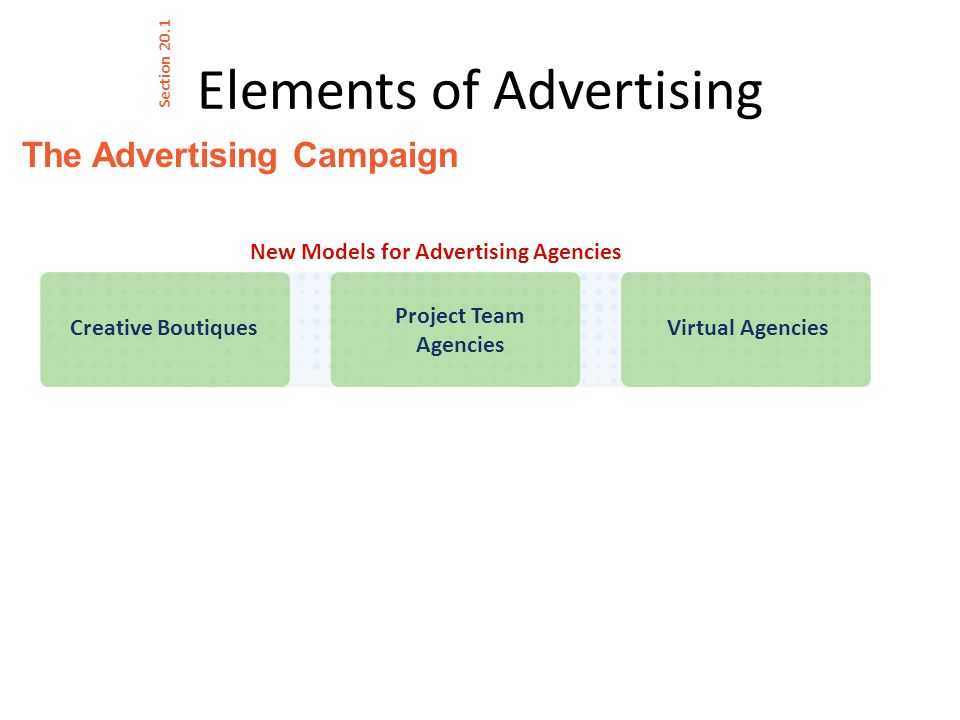 Elements of Advertising The Advertising Campaign Section 20.1 New Models for Advertising Agencies Creative Boutiques Project Team Agencies Virtual Agencies