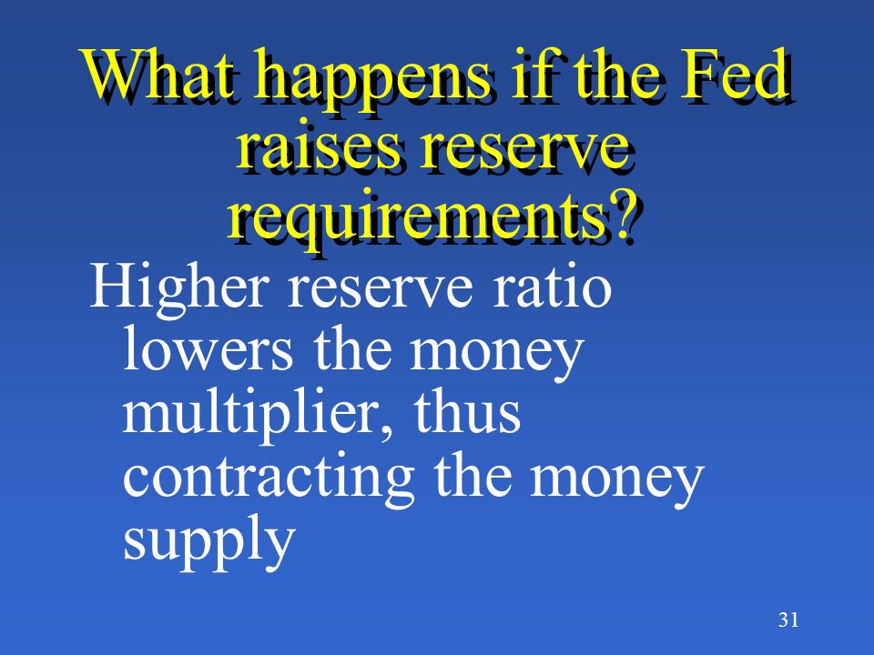 30 3rd tool of the Fed, changes in reserve requirements Lower reserve ratio raises the money multiplier, thus expanding the money supply