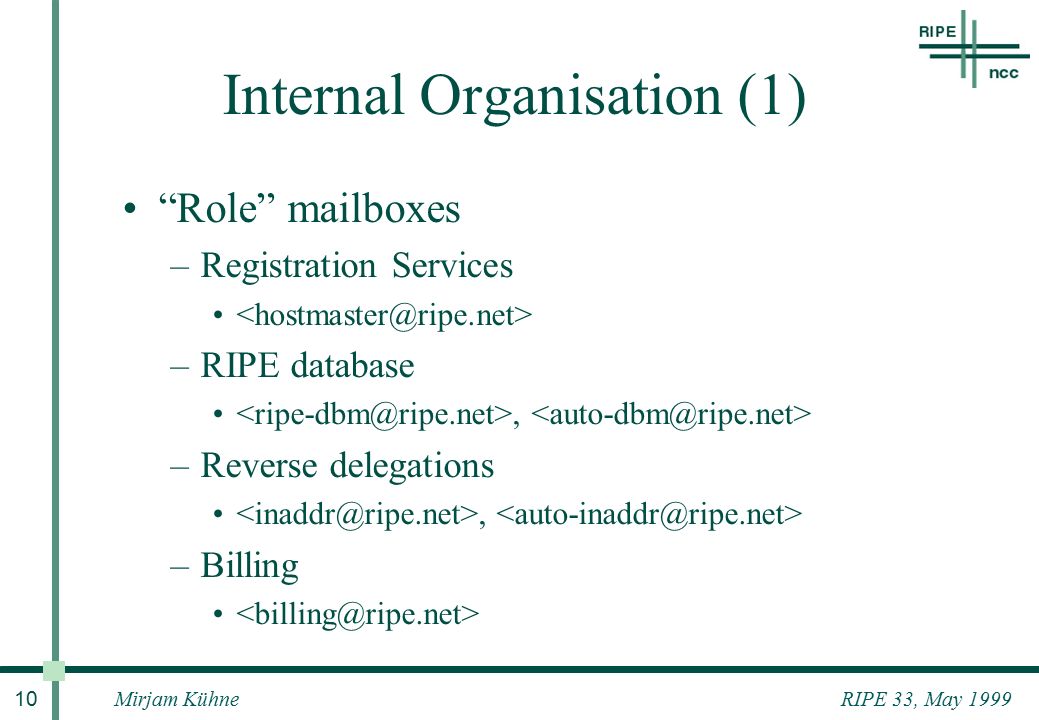 RIPE 33, May 1999Mirjam Kühne 10 Internal Organisation (1) Role mailboxes –Registration Services –RIPE database, –Reverse delegations, –Billing