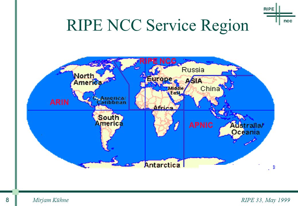 RIPE 33, May 1999Mirjam Kühne 8 RIPE NCC Service Region RIPE NCC APNIC ARIN