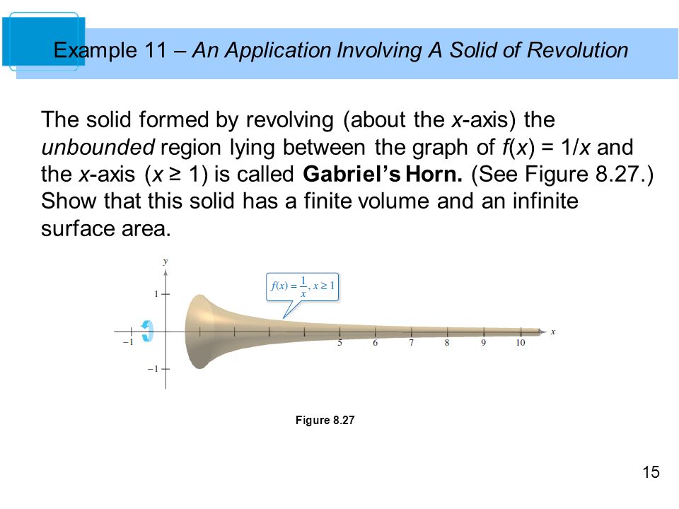15 Example 11 – An Application Involving A Solid of Revolution The solid formed by revolving (about the x-axis) the unbounded region lying between the graph of f(x) = 1/x and the x-axis (x ≥ 1) is called Gabriel’s Horn.