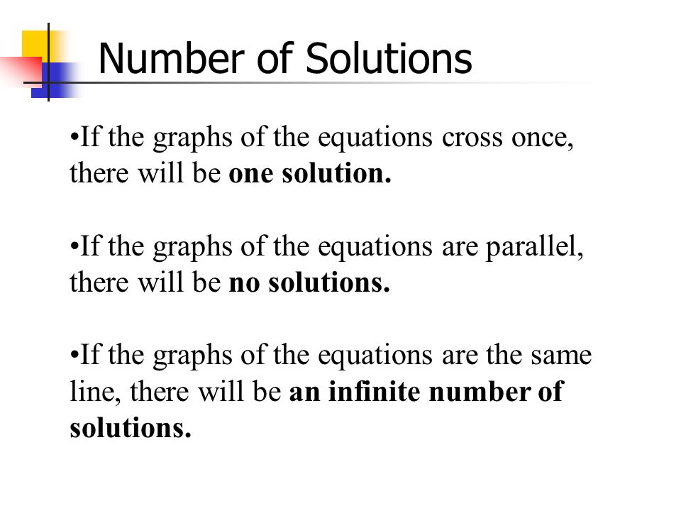 If the graphs of the equations cross once, there will be one solution.