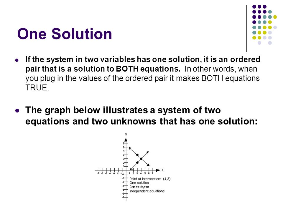 One Solution If the system in two variables has one solution, it is an ordered pair that is a solution to BOTH equations.