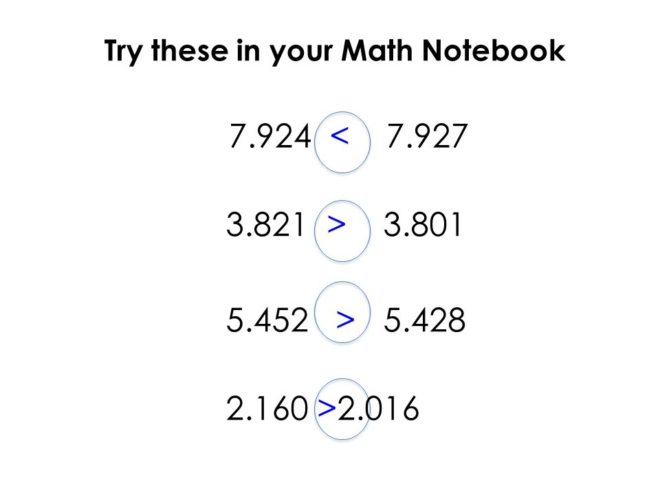 Try these in your Math Notebook < > > >2.016