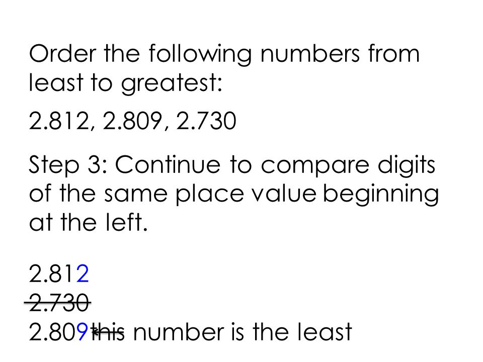 Order the following numbers from least to greatest: 2.812, 2.809, Step 3: Continue to compare digits of the same place value beginning at the left.