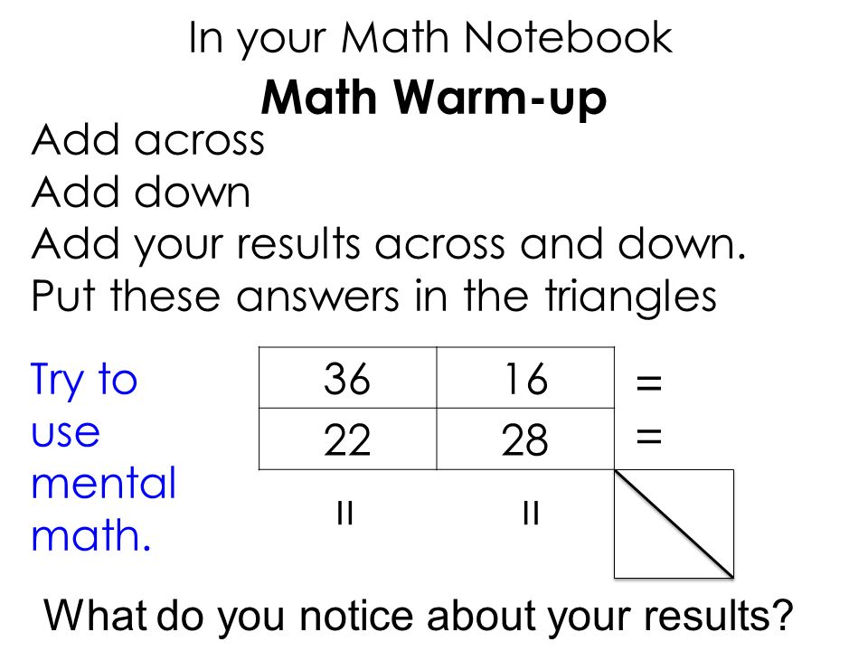Math Warm-up In your Math Notebook Add across Add down Add your results across and down.