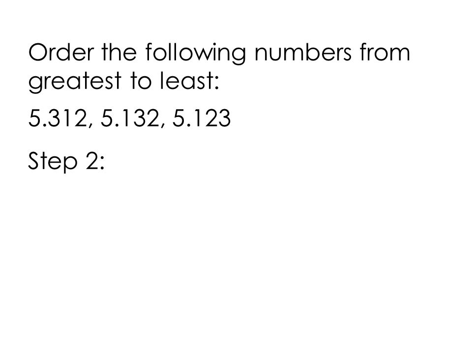 Order the following numbers from greatest to least: 5.312, 5.132, Step 2: