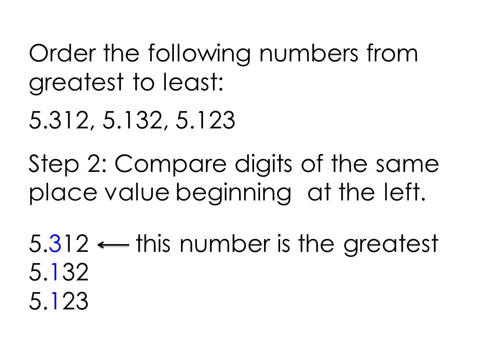 Order the following numbers from greatest to least: 5.312, 5.132, Step 2: Compare digits of the same place value beginning at the left.