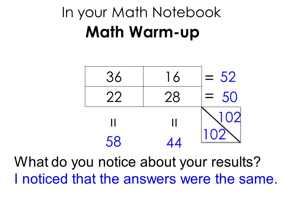 Math Warm-up In your Math Notebook = = == What do you notice about your results.